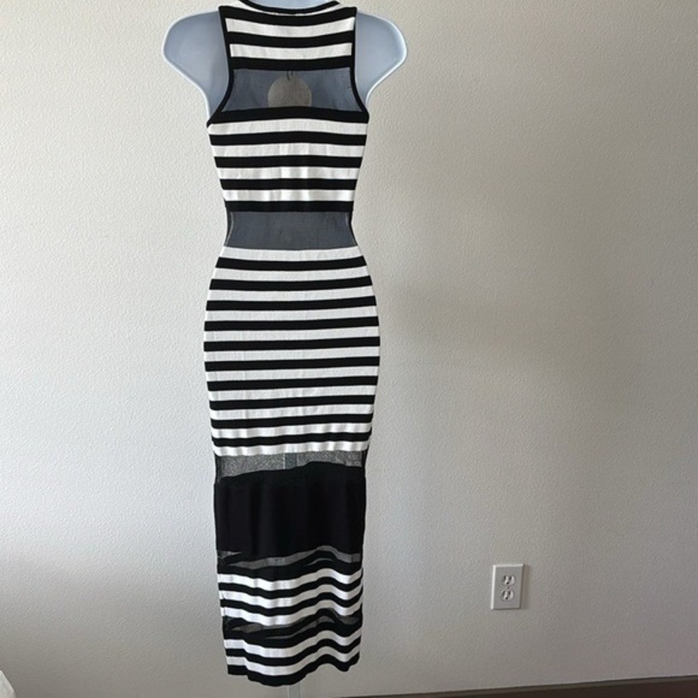 NWT Mesh Panel Dress M Y2K Black White Striped Bodycon Festival Streetwear Glam - Picture 3 of 16